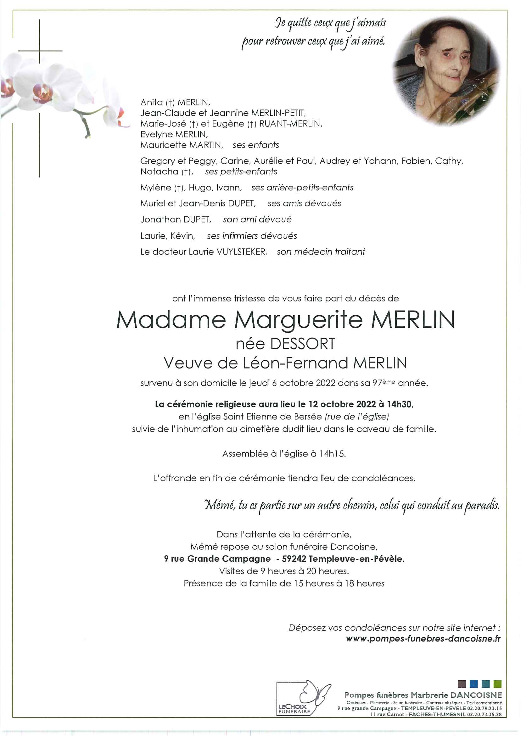 Avis De Décès De Marguerite Merlin Pompes Funèbres Dancoisne 